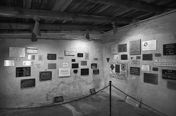 Memorial plaques in the crematorium of the camp