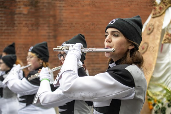 American flutes playing Irish tunes before the start of the St Patrick's Day parade