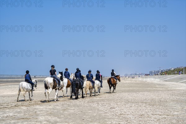 Group of riders riding on the beach of De Panne