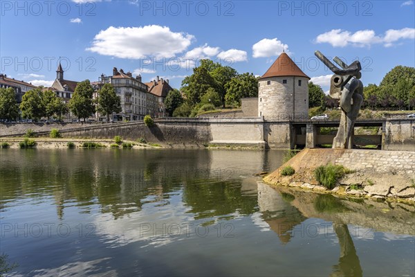 Sculpture Le Minotaure and the watchtower Tour de la Pelote on the river Doubs and the citadel seen from the air