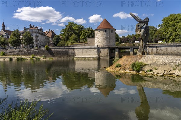 Sculpture Le Minotaure and the watchtower Tour de la Pelote on the river Doubs and the citadel seen from the air