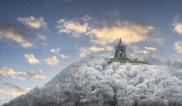 Kaiser Wilhelm Monument in Winter Snow Evening Mood Porta Westfalica Germany