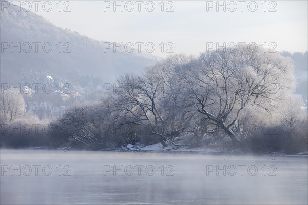 Fog with snow Hoarfrost atmosphere on the Weser near Porta Westfalica Germany