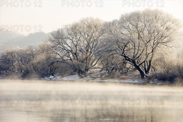 Hoarfrost atmosphere on the Weser near Porta Westfalica Germany