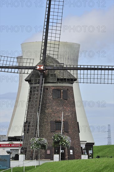 The windmill Scheldedijkmolen and cooling towers of the Doel Nuclear Power Station along the river Scheldt at Kieldrecht