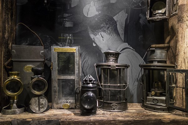 Collection of trench lanterns and portable kerosene lamps of First World War One tunnelling companies in the Memorial Museum Passchendaele 1917 at Zonnebeke