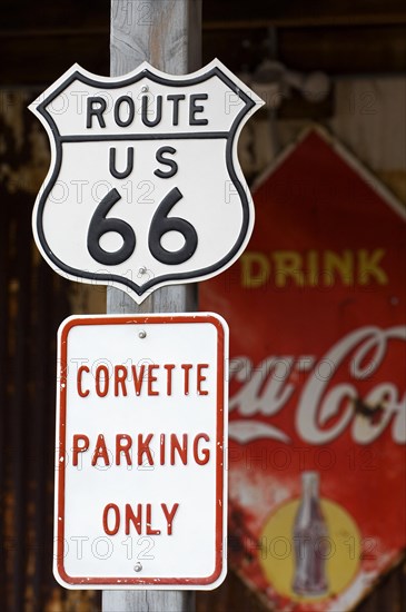 Rout 66 sign at petrol station of the General Store in ghost town Hackberry