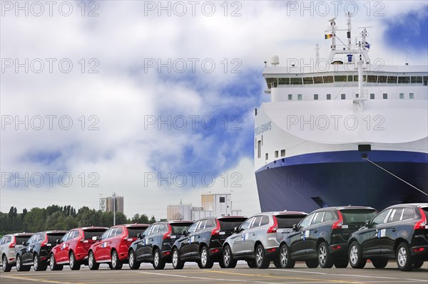 Vehicles from the Volvo Cars assembly plant waiting to loaded on the roll-on roll-off