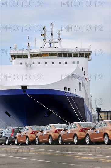 Vehicles from the Volvo Cars assembly plant waiting to loaded on the roll-on roll-off