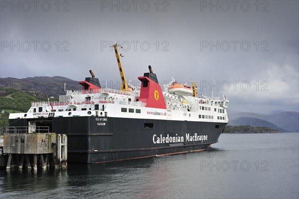 Caledonian MacBrayne ferry boat at Ullapool pier with destination Stornoway
