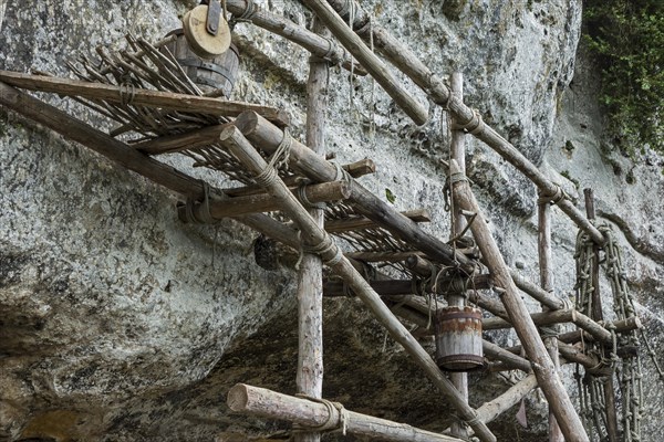 Medieval wooden scaffolding at the fortified troglodyte town La Roque Saint-Christophe