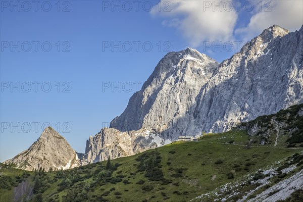 Mountain hut Dachsteinsüdwandhütte on southside of the Hoher Dachstein in the Northern Limestone Alps