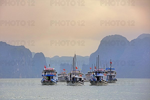 Tourist boats and limestone monolithic islands in Ha Long Bay
