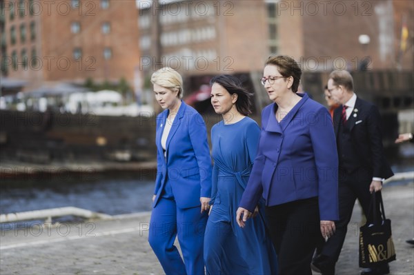 (L-R) Manuela Schwesig, SPD, Minister-President of Mecklenburg-Western Pomerania, Annalena Bärbock (Bündnis 90 Die Grünen), Federal Minister for Foreign Affairs, and Klara Geywitz (SPD), Federal Minister for Housing, Urban Development and Construction, recorded at the meeting of the Foreign Ministers of the Council of the Baltic Sea States in Wismar, 01.06.2023., Wismar, Germany, Europe