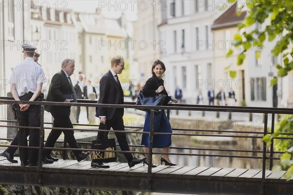 (R-L) Annalena Bärbock (Bündnis 90 Die Grünen), Federal Minister for Foreign Affairs, Tobias Billstroem, Minister for Foreign Affairs of Sweden, and Lars Lokke Rasmussen, Minister for Foreign Affairs of Denmark, taken at the meeting of the Foreign Ministers of the Council of the Baltic Sea States in Wismar, 01.06.2023., Wismar, Germany, Europe