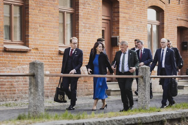 (L-R) Tobias Billstroem, Minister for Foreign Affairs of Sweden, Annalena Bärbock (Bündnis 90 Die Grünen), Federal Minister for Foreign Affairs, Lars Lokke Rasmussen, Minister for Foreign Affairs of Denmark, and Andris Pelss, State Secretary in Latvia, taken at the meeting of the Foreign Ministers of the Council of the Baltic Sea States in Wismar, 01.06.2023., Wismar, Germany, Europe