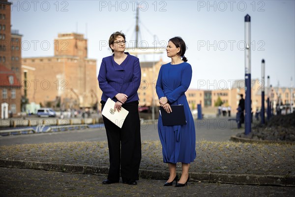 (R-L) Annalena Bärbock, Federal Minister for Foreign Affairs, and Klara Geywitz, Federal Minister for Housing, Urban Development and Construction, recorded at a welcoming speech at the meeting of the Foreign Ministers of the Council of the Baltic Sea States in Wismar, 01 June 2023., Wismar, Germany, Europe