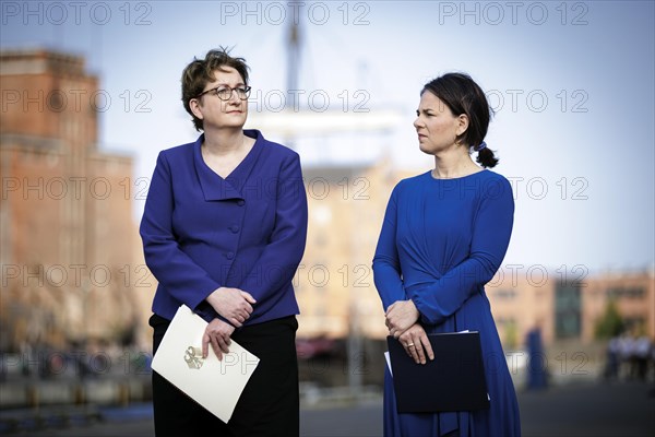 (R-L) Annalena Bärbock, Federal Minister for Foreign Affairs, and Klara Geywitz, Federal Minister for Housing, Urban Development and Construction, recorded at a welcoming speech at the meeting of the Foreign Ministers of the Council of the Baltic Sea States in Wismar, 01 June 2023., Wismar, Germany, Europe