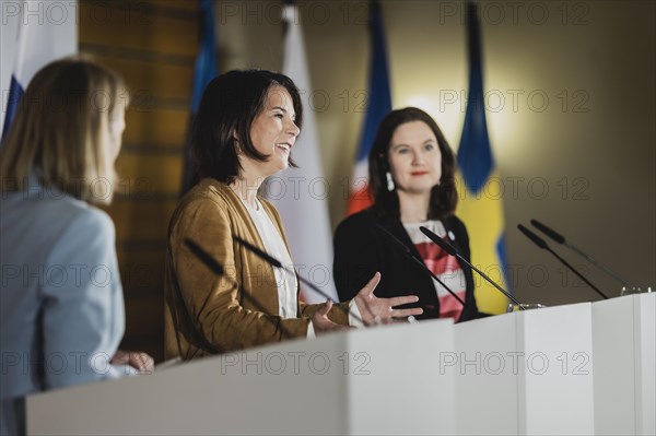 (L-R) Anniken Huitfeldt, Foreign Minister of Norway, Annalena Bärbock (Bündnis 90 Die Grünen), Federal Minister for Foreign Affairs, and Johanna Sumuvuori, State Secretary at the Ministry of Foreign Affairs of Finland, recorded at a press conference after the meeting of the Foreign Ministers of the Council of the Baltic Sea States in Wismar, 02.06.2023., Wismar, Germany, Europe