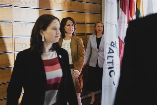 (L-R) Johanna Sumuvuori, State Secretary at the Ministry of Foreign Affairs of Finland, Annalena Bärbock (Bündnis 90 Die Grünen), Federal Minister for Foreign Affairs, and Anniken Huitfeldt, Foreign Minister of Norway, photographed in front of a press conference after the meeting of the Foreign Ministers of the Council of the Baltic Sea States in Wismar, 02.06.2023., Wismar, Germany, Europe