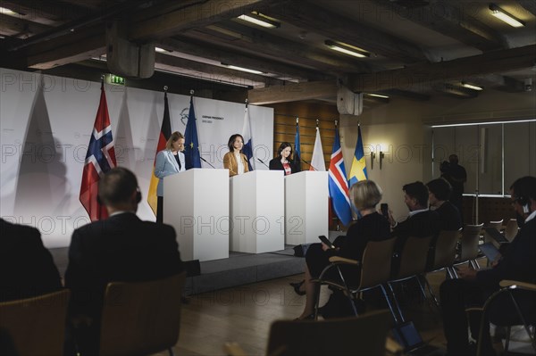 (L-R) Anniken Huitfeldt, Foreign Minister of Norway, Annalena Bärbock (Bündnis 90 Die Grünen), Federal Minister for Foreign Affairs, and Johanna Sumuvuori, State Secretary at the Ministry of Foreign Affairs of Finland, recorded at a press conference after the meeting of the Foreign Ministers of the Council of the Baltic Sea States in Wismar, 02.06.2023., Wismar, Germany, Europe