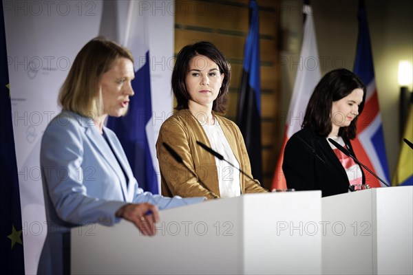 (L-R) Anniken Huitfeldt, Foreign Minister of Norway, Annalena Bärbock, Federal Minister for Foreign Affairs, and Johanna Sumuvuori, State Secretary at the Ministry of Foreign Affairs of Finland, recorded at a press conference during the meeting of the Foreign Ministers of the Council of the Baltic Sea States in Wismar, 02.06.2023., Wismar, Germany, Europe
