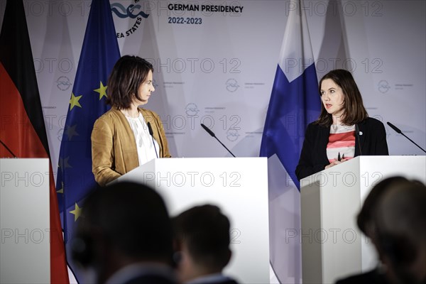 (R-L) Johanna Sumuvuori, State Secretary at the Ministry of Foreign Affairs of Finland, and Annalena Bärbock, Federal Minister for Foreign Affairs, recorded at a press conference during the meeting of the Foreign Ministers of the Council of the Baltic Sea States in Wismar, 02.06.2023., Wismar, Germany, Europe