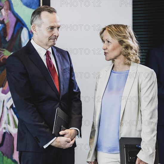 (L-R) Volker Wissing (FDP), Federal Minister of Transport and Digital Affairs, and Steffi Lemke (Bündnis 90 Die Grünen), Federal Minister of the Environment, Nature Conservation, Nuclear Safety and Consumer Protection, photographed in front of the weekly cabinet meeting in Berlin, 07.06.2023., Berlin, Germany, Europe