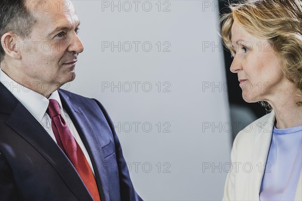 (L-R) Volker Wissing (FDP), Federal Minister of Transport and Digital Affairs, and Steffi Lemke (Bündnis 90 Die Grünen), Federal Minister of the Environment, Nature Conservation, Nuclear Safety and Consumer Protection, photographed in front of the weekly cabinet meeting in Berlin, 07.06.2023., Berlin, Germany, Europe