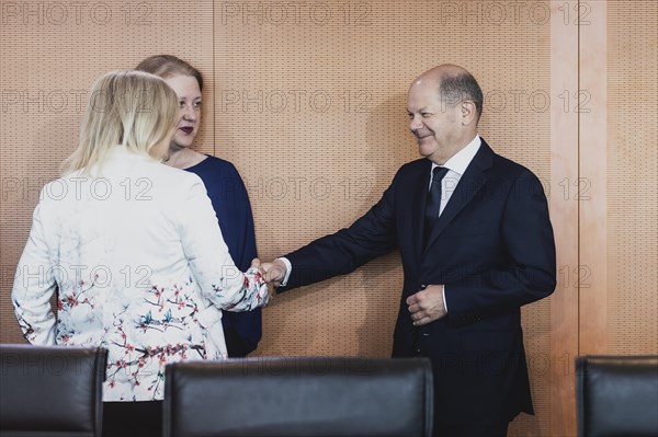 (R-L) Olaf Scholz (SPD), Federal Chancellor, Lisa Paus (Bündnis 90 Die Grünen), Federal Minister for Family Affairs, Senior Citizens, Women and Youth, and Nancy Faeser (SPD), Federal Minister of the Interior and Home Affairs, photographed in front of the weekly meeting of the Cabinet in Berlin, 07.06.2023., Berlin, Germany, Europe