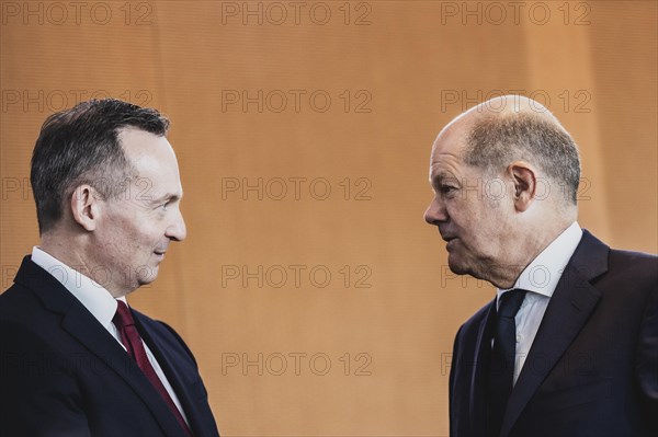 (R-L) Olaf Scholz (SPD), Federal Chancellor, and Volker Wissing (FDP), Federal Minister of Transport and Digital Affairs, photographed in front of the weekly cabinet meeting in Berlin, 07.06.2023., Berlin, Germany, Europe