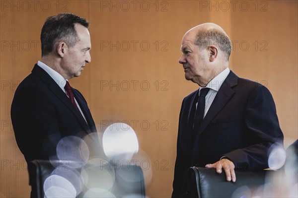 (R-L) Olaf Scholz (SPD), Federal Chancellor, and Volker Wissing (FDP), Federal Minister of Transport and Digital Affairs, photographed in front of the weekly cabinet meeting in Berlin, 07.06.2023., Berlin, Germany, Europe