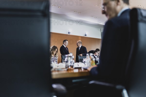 (R-L) Olaf Scholz (SPD), Federal Chancellor, and Volker Wissing (FDP), Federal Minister of Transport and Digital Affairs, photographed in front of the weekly cabinet meeting in Berlin, 07.06.2023., Berlin, Germany, Europe