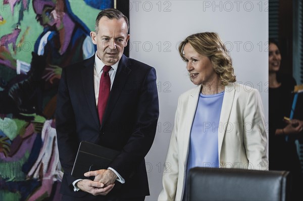 (L-R) Volker Wissing (FDP), Federal Minister of Transport and Digital Affairs, and Steffi Lemke (Bündnis 90 Die Grünen), Federal Minister of the Environment, Nature Conservation, Nuclear Safety and Consumer Protection, photographed in front of the weekly cabinet meeting in Berlin, 07.06.2023., Berlin, Germany, Europe