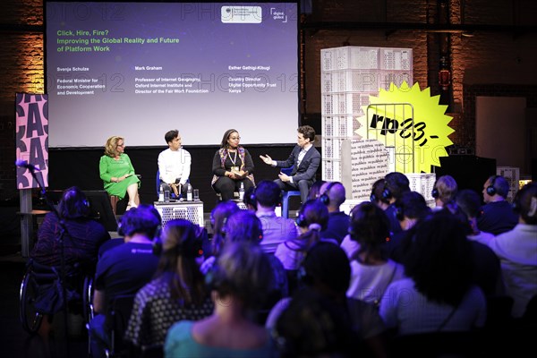 (L-R) Svenja Schulze, Federal Minister for Economic Cooperation and Development, at the digital trade fair republica. Pictured here during a joint panel discussion with Mark Graham, Professor of Internet Geography and Director of Fairwork, and Esther Gathigi-Kibugi, Country Director for Digital Opportunity Trust DOT Kenya, on the topic of Click, Hire, Fire Improving the Global Reality and Future of Platform Work . Berlin, 07.06.2023., Berlin, Germany, Europe