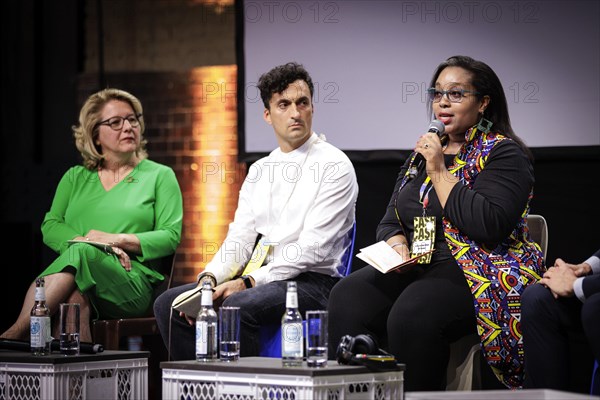 (L-R) Svenja Schulze, Federal Minister for Economic Cooperation and Development, at the digital trade fair republica. Pictured here during a joint panel discussion with Mark Graham, Professor of Internet Geography and Director of Fairwork, and Esther Gathigi-Kibugi, Country Director for Digital Opportunity Trust DOT Kenya, on the topic of Click, Hire, Fire Improving the Global Reality and Future of Platform Work . Berlin, 07.06.2023., Berlin, Germany, Europe
