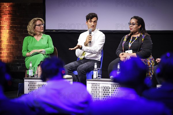 (L-R) Svenja Schulze, Federal Minister for Economic Cooperation and Development, at the digital trade fair republica. Pictured here during a joint panel discussion with Mark Graham, Professor of Internet Geography and Director of Fairwork, and Esther Gathigi-Kibugi, Country Director for Digital Opportunity Trust DOT Kenya, on the topic of Click, Hire, Fire Improving the Global Reality and Future of Platform Work . Berlin, 07.06.2023., Berlin, Germany, Europe