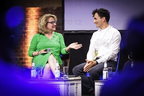 (L-R) Svenja Schulze, Federal Minister for Economic Cooperation and Development, at the digital trade fair republica. Here recorded in conversation with Mark Graham, Professor of Internet Geography and Director of Fairwork, at a joint panel discussion on Click, Hire, Fire Improving the Global Reality and Future of Platform Work . Berlin, 07.06.2023., Berlin, Germany, Europe