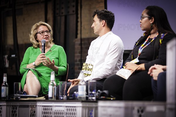 (L-R) Svenja Schulze, Federal Minister for Economic Cooperation and Development, at the digital trade fair republica. Pictured here during a joint panel discussion with Mark Graham, Professor of Internet Geography and Director of Fairwork, and Esther Gathigi-Kibugi, Country Director for Digital Opportunity Trust DOT Kenya, on the topic of Click, Hire, Fire Improving the Global Reality and Future of Platform Work . Berlin, 07.06.2023., Berlin, Germany, Europe