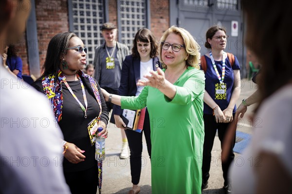 (R-L) Svenja Schulze, Federal Minister for Economic Cooperation, pictured on a tour talking to Esther Gathigi-Kibugi, Country Director for Digital Opportunity Trust DOT Kenya, at republica. Berlin, 07.06.2023., Berlin, Germany, Europe