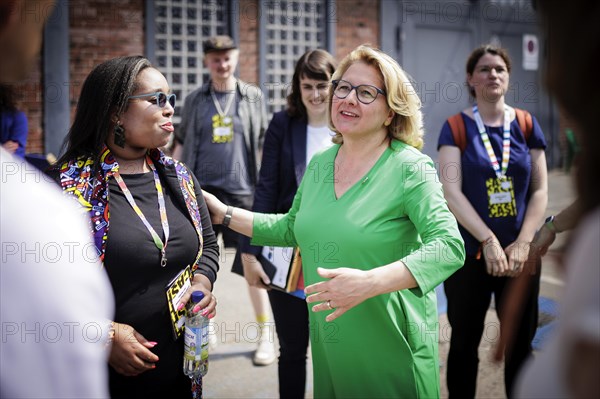 (R-L) Svenja Schulze, Federal Minister for Economic Cooperation, pictured on a tour talking to Esther Gathigi-Kibugi, Country Director for Digital Opportunity Trust DOT Kenya, at republica. Berlin, 07.06.2023., Berlin, Germany, Europe