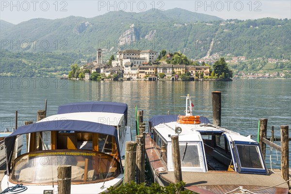 Taxi Boat and Island San Giulio on Lake Orta in Orta