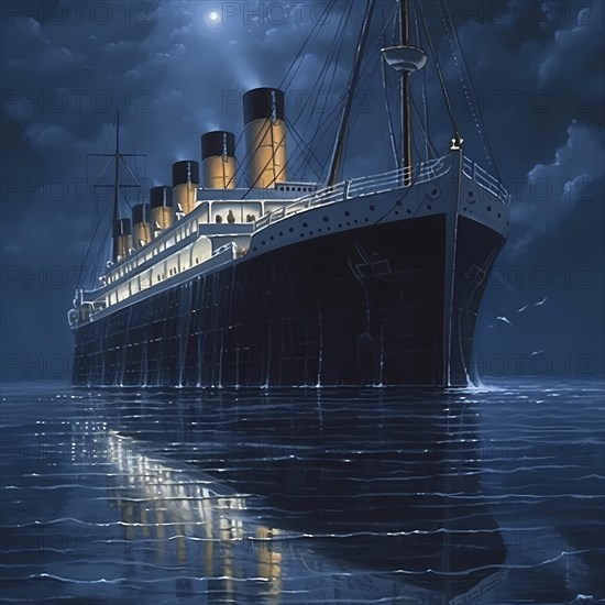 Journey of the Titanic in the Atlantic on a starry night and calm sea