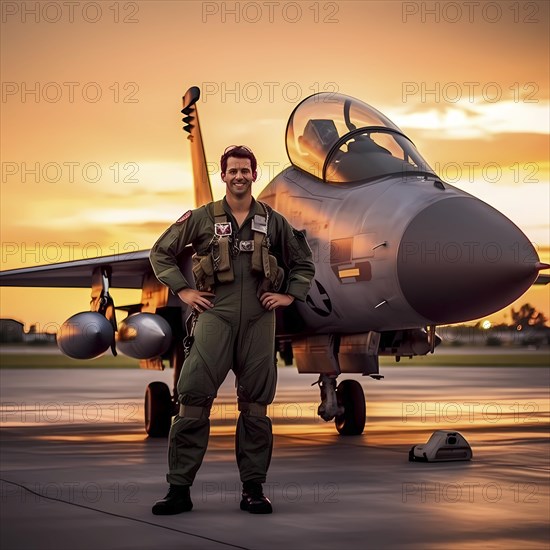 Young proud pilot stands in front of his F 14 fighter plane