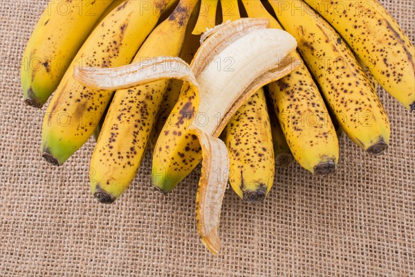 Bunch of yellow freckled bananas on a canvas texture