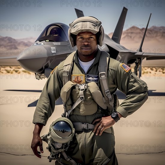 Young proud pilot stands in front of his F 35 fighter plane