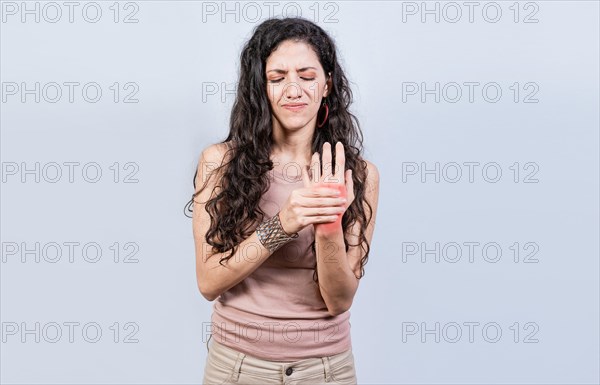 Woman suffering from arthritis in her hands. People with arthritis and hand pain isolated