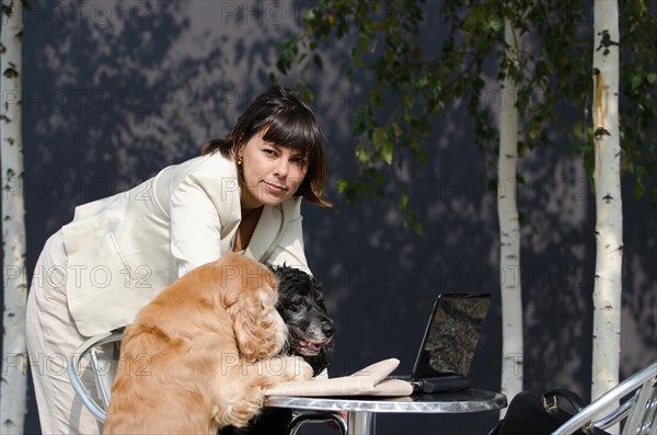 Strategic Conference Meeting with Two Cocker Spaniel Dogs and a Computer and a Financial Newspaper