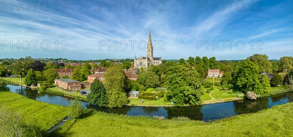 Aerial panorama of the city of Salisbury with Salisbury Cathedral and the River Avon