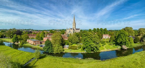 Aerial panorama of the city of Salisbury with Salisbury Cathedral and the River Avon